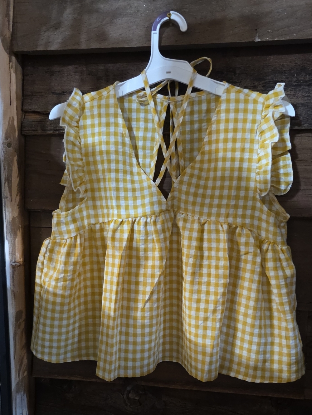 Yellow Gingham Ruffle Sleeve Peplum Top